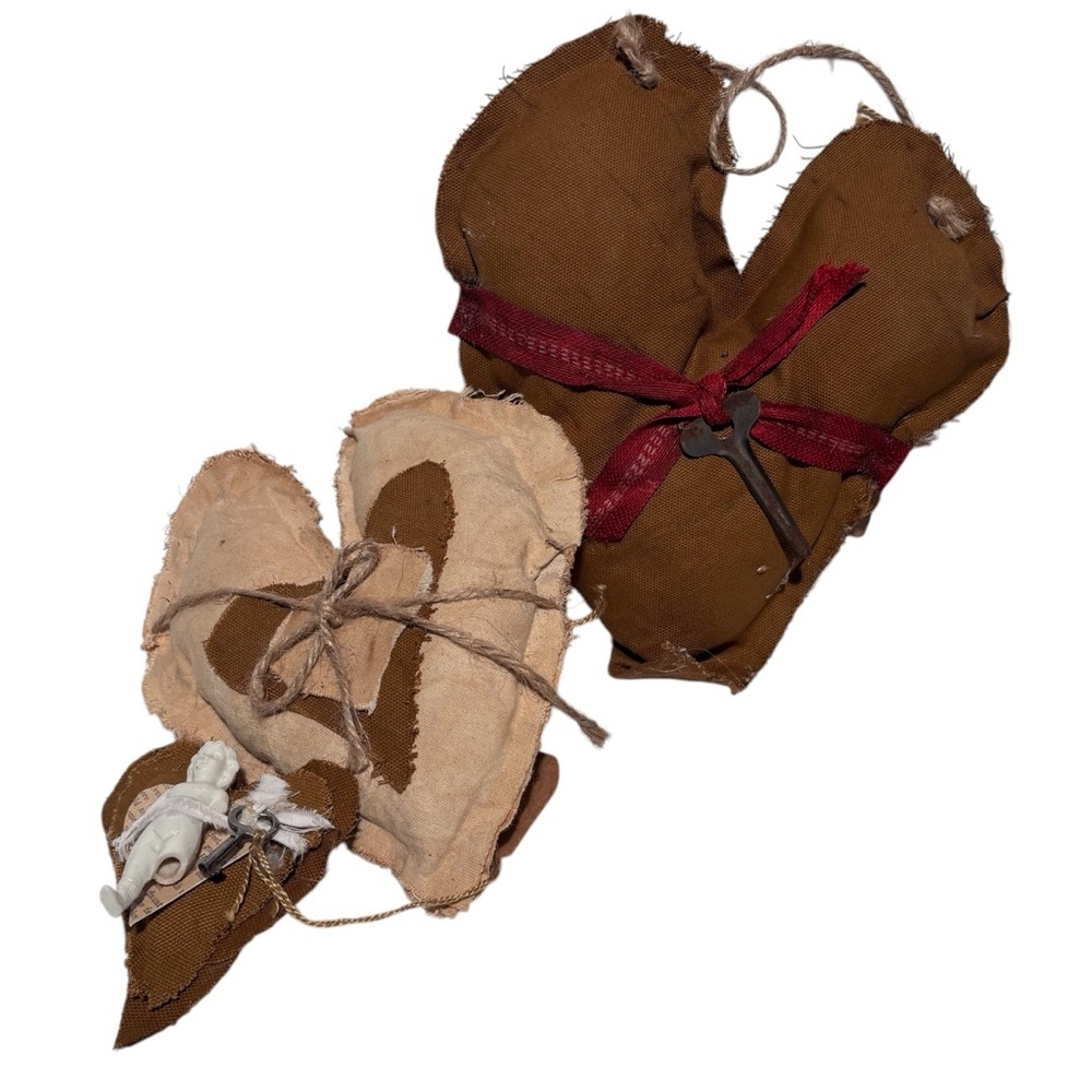 Set Of 3 Handmade Grungy Stuffed Hearts W/ Vintage Embellishments